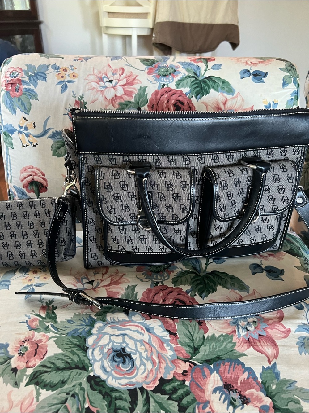 Dooney & Bourke Monogram Canvas Tote Bag with Black Trim and Matching Clutch